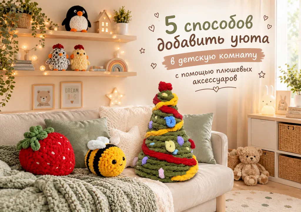 Плюшевые игрушки из петельчатой пряжи Alize Puffy в уютной детской комнате с диваном, декоративными подушками и настенными полками.